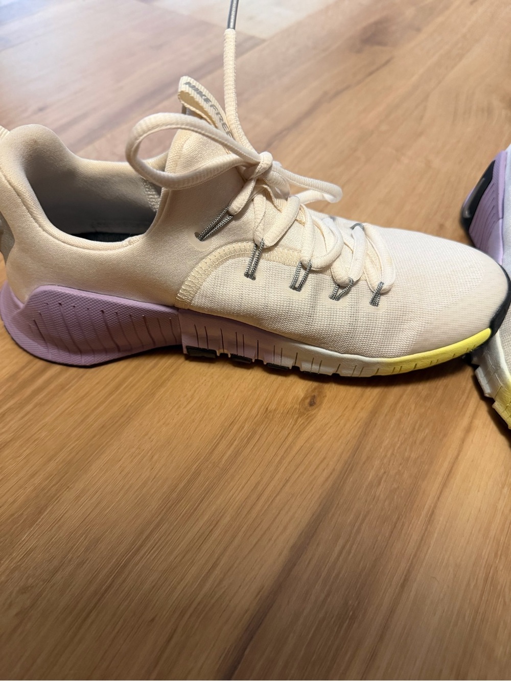 Nike Women's Cream Knit Metcon Athletic Sneakers with Purple Heel and Yellow Toe
